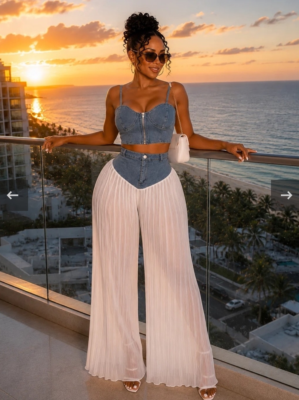 Denim Corset Crop Top & White Pleated Wide Leg Pants Set